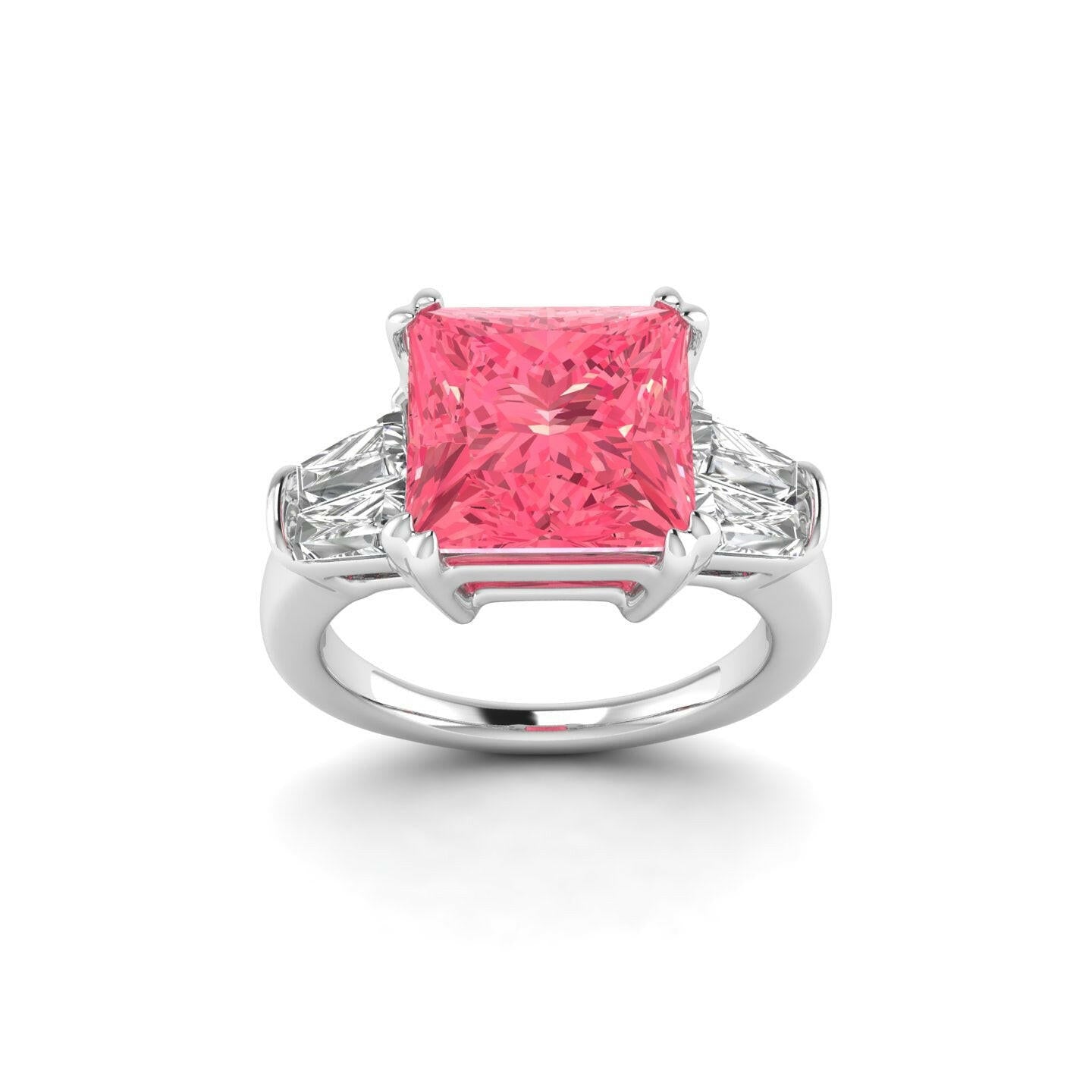 White Gold Studded 4 Carat Lab Grown Diamond Ring-Intense Pink Color VVS Clarity.